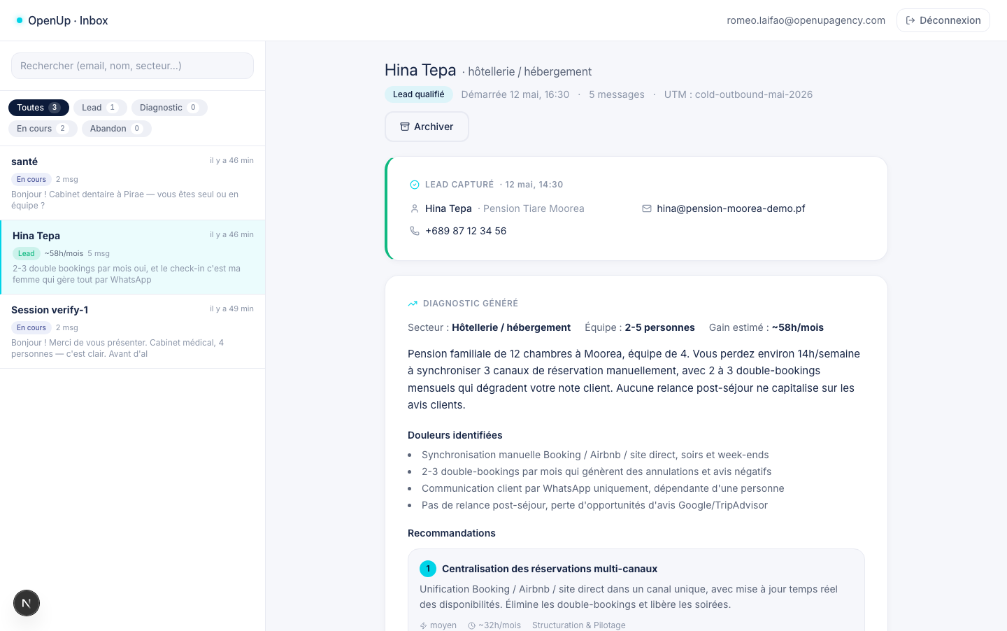 Console OpenUp : une conversation traitée par l'agent IA, avec lead capté, secteur identifié et diagnostic métier généré automatiquement